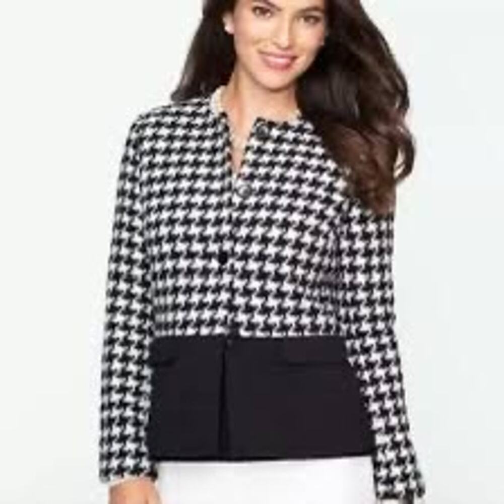 Talbots Black White Houndstooth Blazer Jacket Size 8 Wool Blend
